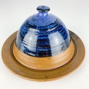Vintage Blue Studio Pottery Cheese Dome Serving Dish Signed Ceramic Kitchen Art